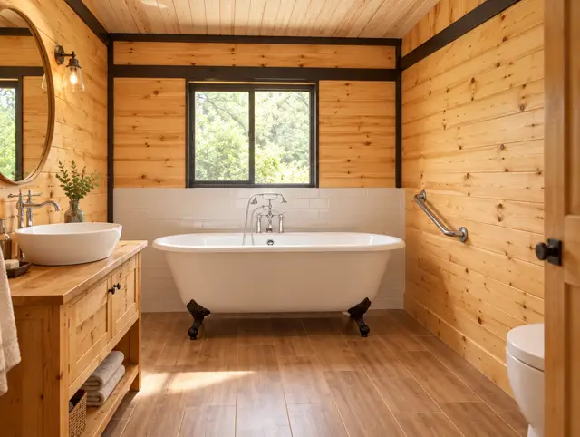 Baño con tina de patas, lavamanos de madera y ventana