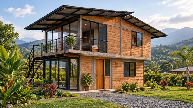 Casa de dos pisos con balcón de vidrio y escalera exterior metálica