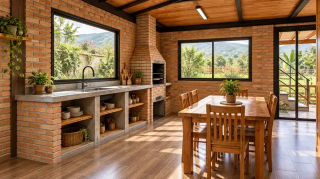 Cocina con muros en ladrillo a la vista, mesón y comedor