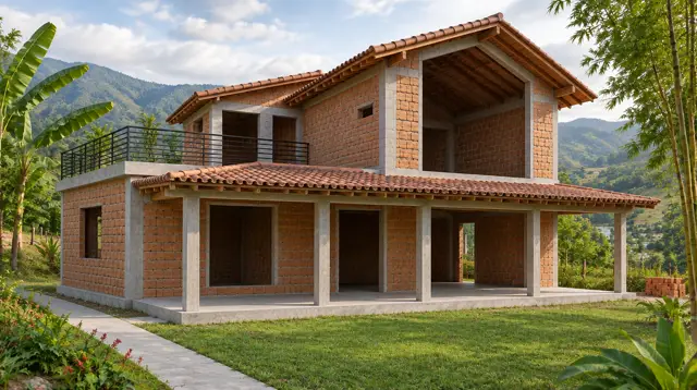 Casa en obra negra con muros de ecoladrillo y techo instalado